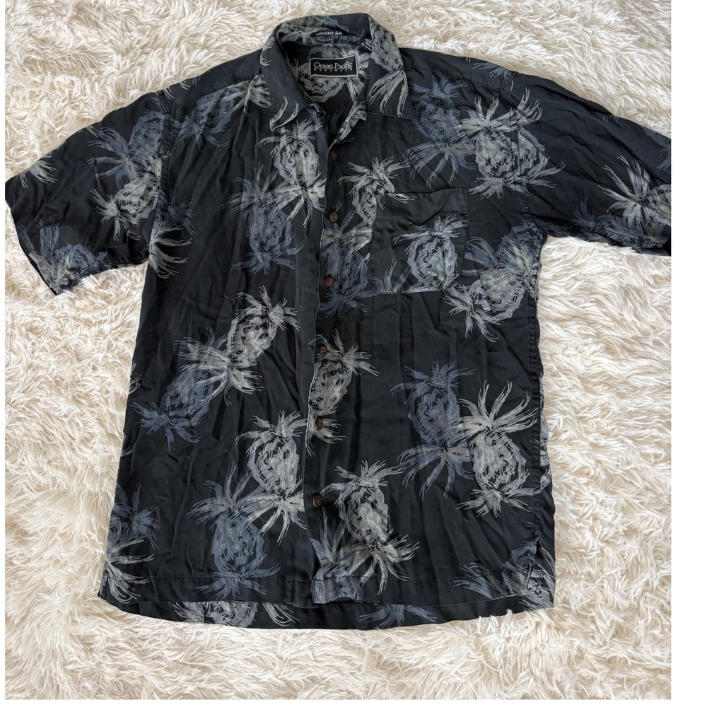 Ocean Pacific Menswear Silk Shirt Small Pineapple Print Button Up Short Sleeve‎